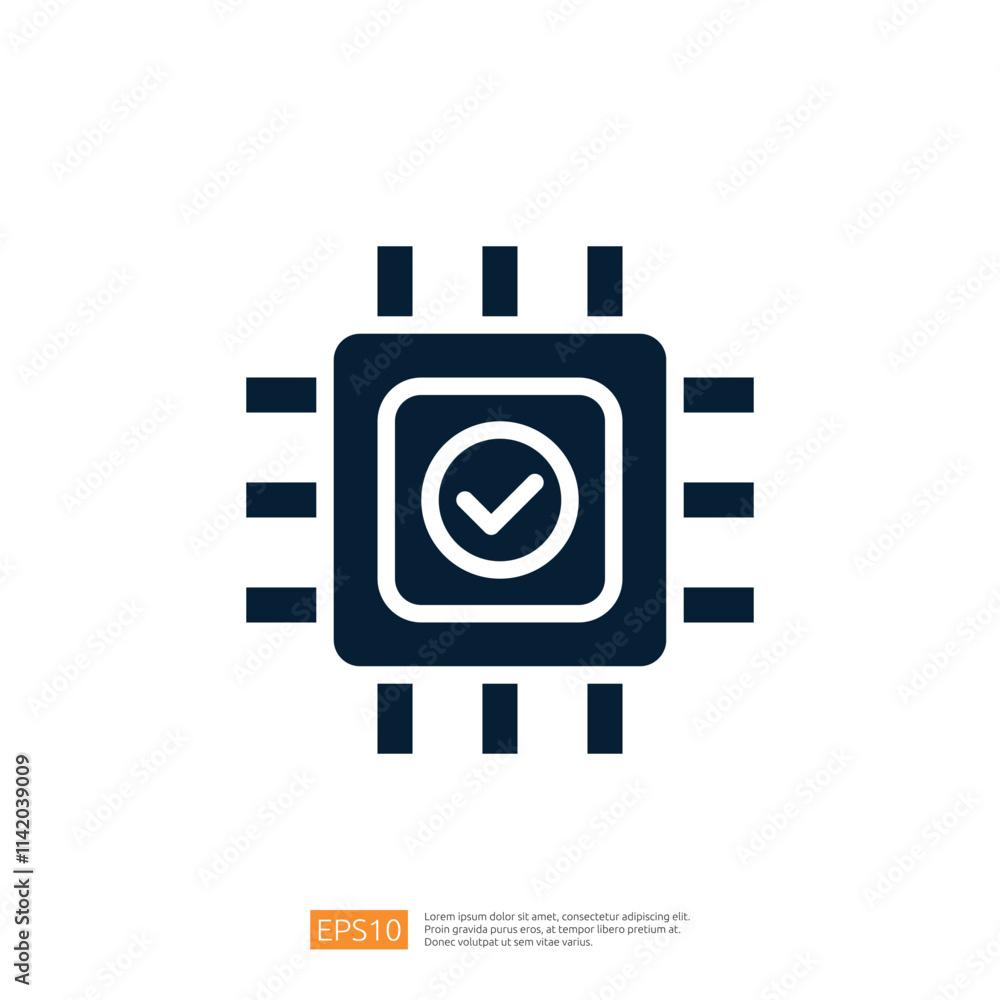 Poster a stylized graphic of a microchip with a checkmark symbol, representing technology, verification, an