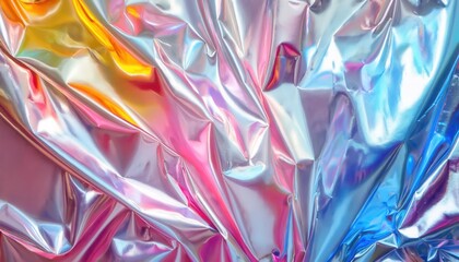Fototapeta premium Vibrant Iridescent Holographic Wrinkled Foil Texture with Colorful Metallic Reflections for Design Projects, Digital Art, Wallpapers, Packaging Concepts, Creative Branding, and Futuristic Visuals