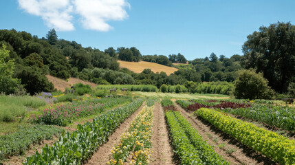 Vibrant Agricultural Landscape Featuring Rows of Fresh Vegetables and Colorful Flowers Under a Clear Blue Sky in a Serene Rural Setting