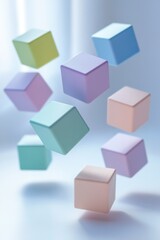Colorful pastel cubes floating whimsically in a bright, soft setting.