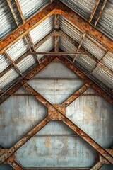 A close-up of a rustic, weathered metal roof structure showcasing rust and wear.