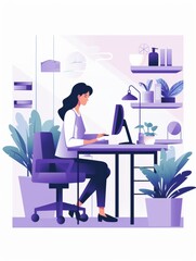 Dedicated female professional working on laptop in a stylish office with organized bookshelves and vibrant plants, embodying focus and productivity.
