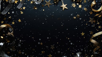 Festive Golden and Silver Starry Decorations on a Black Background