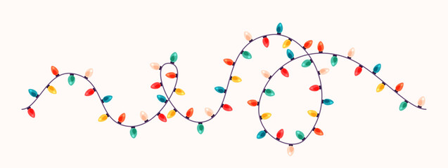Light garland vector illustration. Seamless border of twisted light color bulbs on string. Cute fairy holiday decoration. Festive decor design.