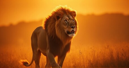 A majestic lion standing in a golden savannah at sunset, its mane glowing in the warm light, with...