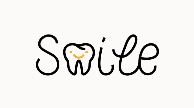 Smile lettering with tooth and smiley. Vector illustration of dental concept. Teeth healthy medical background.