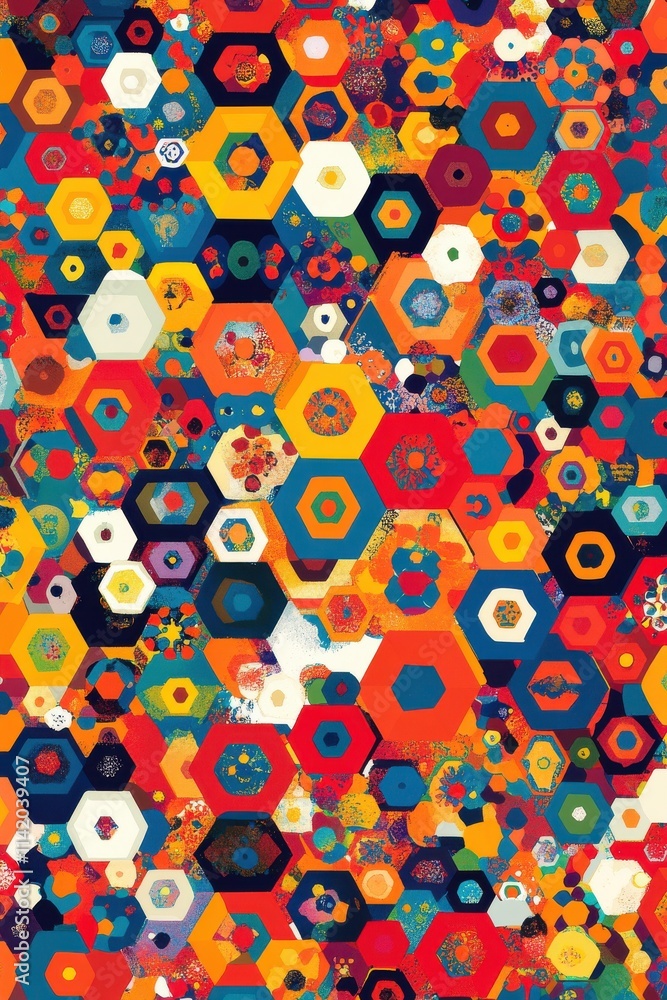 Poster a vibrant abstract pattern featuring a multitude of colorful hexagons in various sizes and designs.