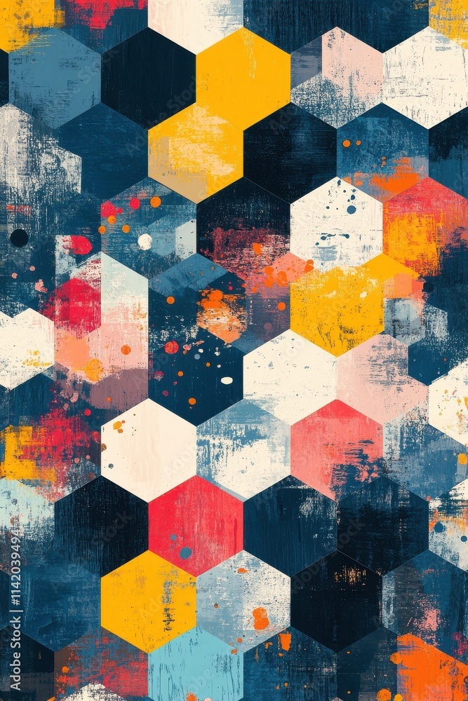 Poster colorful abstract hexagonal pattern with vibrant hues and textured brush strokes.