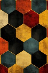 A vibrant hexagonal pattern featuring colors like red, yellow, and teal, creating a retro, textured look.