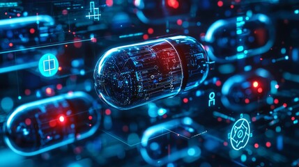 AI-enhanced capsule concept: Capsules hovering in mid-air surrounded by digital AI icons and neural patterns