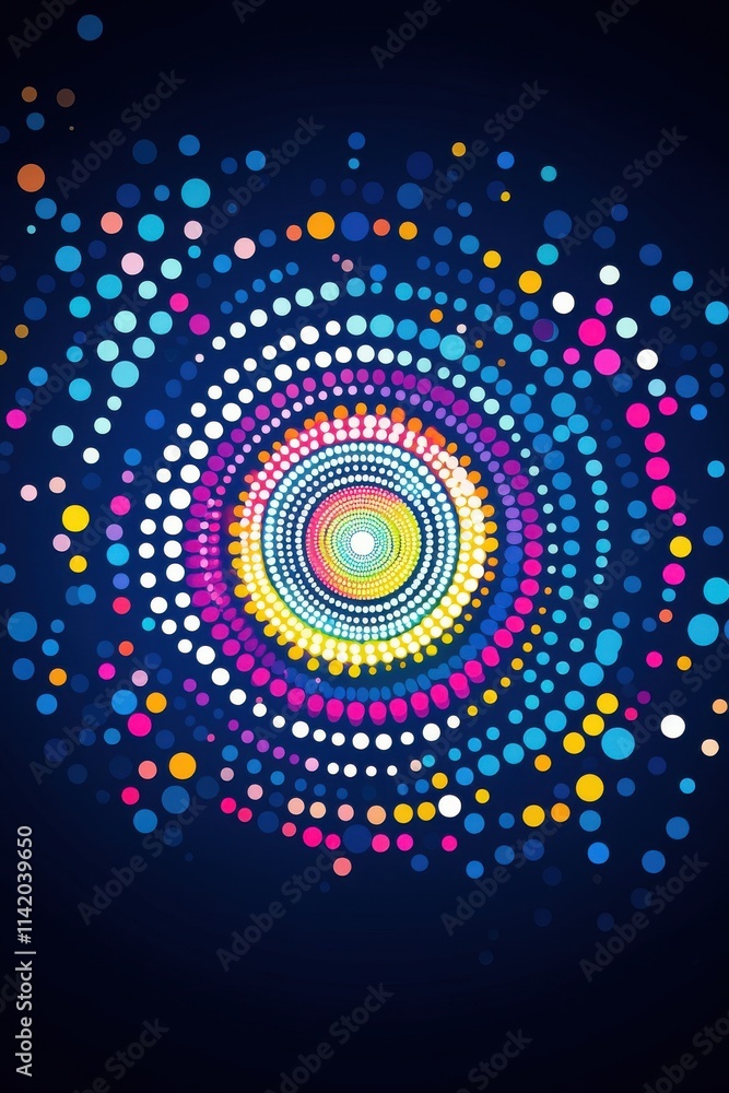Poster a vibrant swirl of colorful dots creates a mesmerizing spiral pattern against a deep blue background