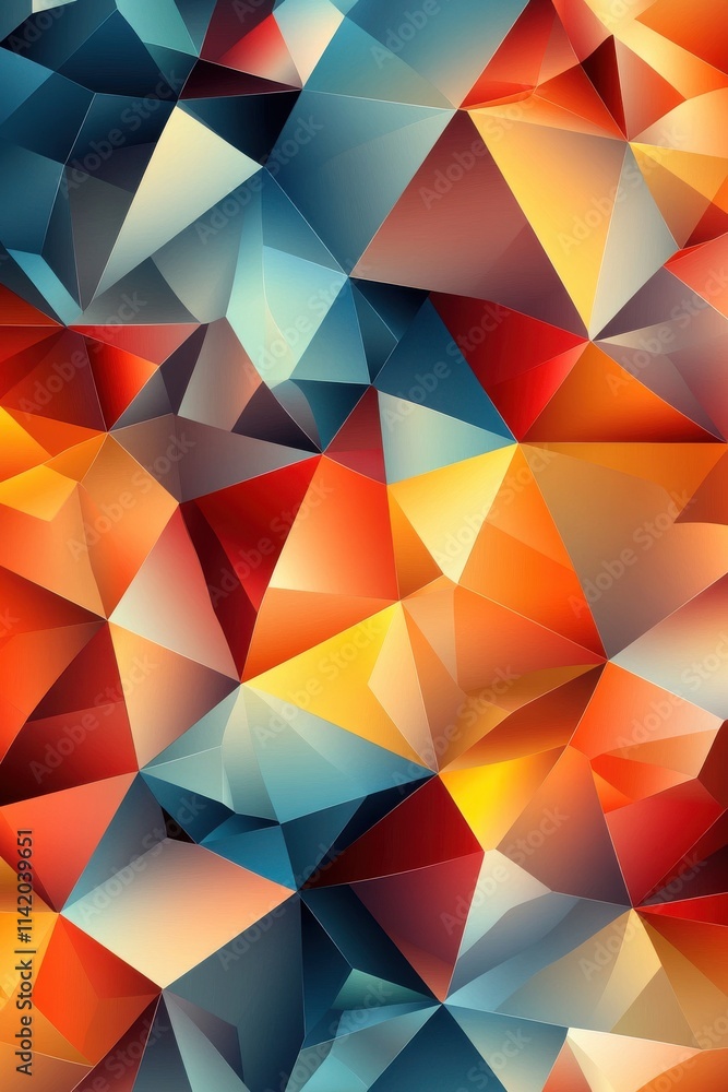 Poster vibrant geometric pattern with angular shapes in warm and cool tones, creating a dynamic visual expe
