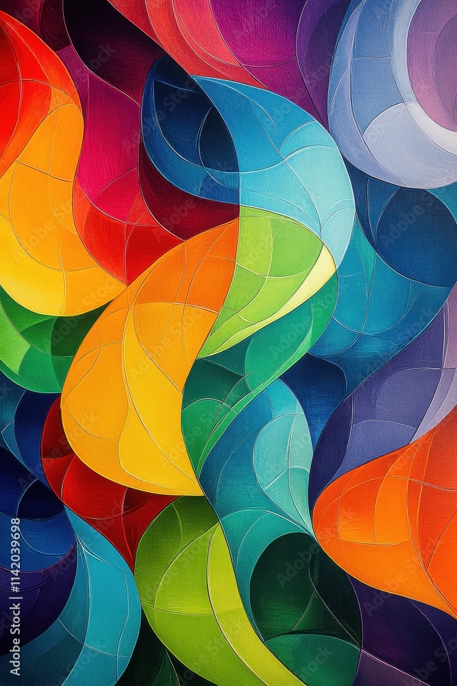 Poster vibrant abstract art featuring flowing curves in bold colors, creating a harmonious composition of o