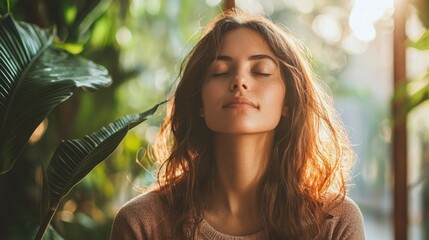 Fototapeta premium Woman enjoying tranquility amidst lush greenery during golden hour at a serene location