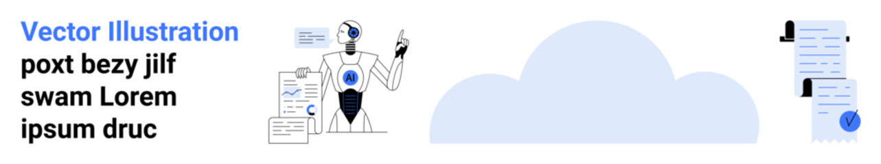 AI robot analyzing documents with magnifying glass, cloud icon in background, and stacks of papers. Ideal for tech blogs, AI articles, data science coverages, cloud computing platforms, IT