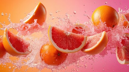 Oranges and grapefruit slices splash in vibrant water against a colorful background