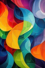 Fototapeta premium Vibrant abstract art featuring flowing curves in bold colors, creating a harmonious composition of orange, blue, and green tones.