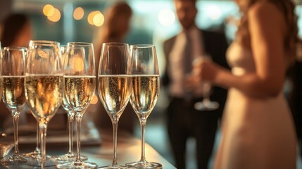 Celebration gathering with sparkling drinks at an evening event in a modern venue