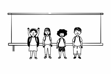 Happy diverse junior school students children group looking at camera standing in classroom. Smiling multiethnic cool kids boys and girls friends posing for group portrait together