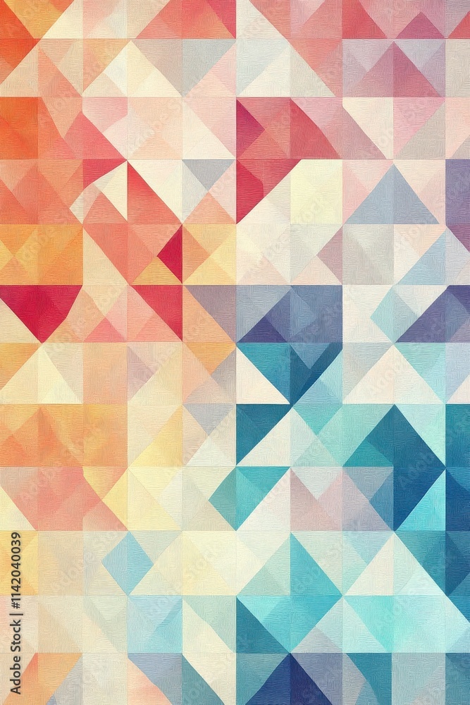 Poster a vibrant geometric pattern featuring a gradient of colors, blending warm oranges and cool blues in 