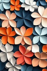 A vibrant arrangement of paper flowers in shades of orange, white, and blue, creating a visually striking wall design.