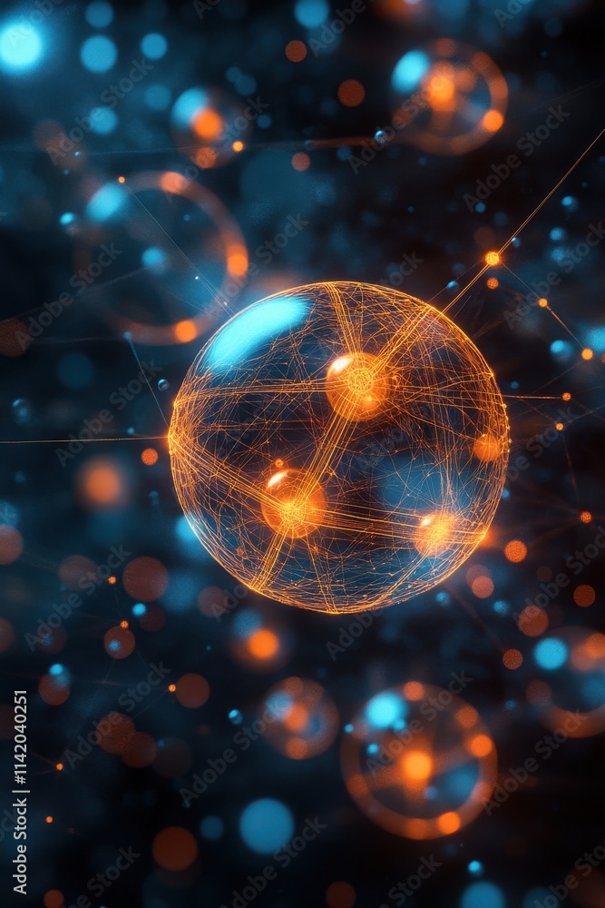 Poster abstract image of a glowing sphere with interconnected lines and colorful particles, evoking a sense
