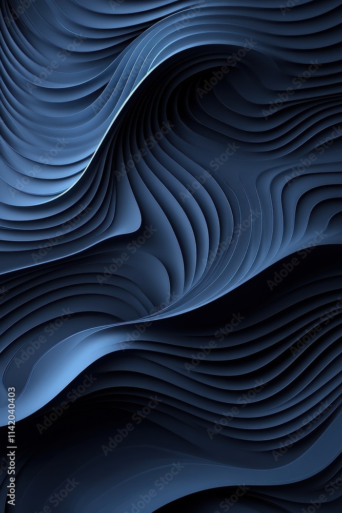 Poster an abstract composition featuring flowing dark blue waves that create depth and texture in a mesmeri