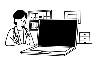 online medical consultation - doctor working on laptop computer in clinic office. copy space