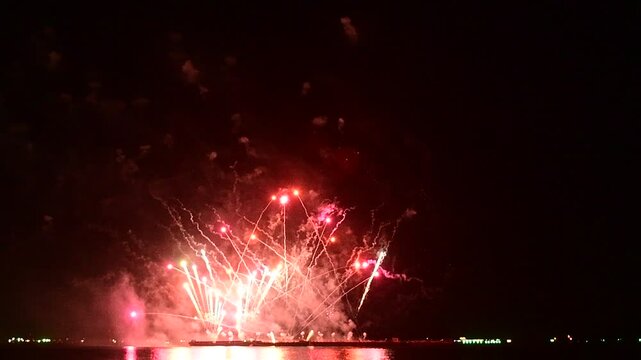 Fireworks display celebration over dark background 3D rendering