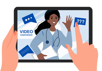 Hands Hold Tablet and pointing to the screen with doctor. Video call. Specialist communicates with patient of online. Technology concept. Vector illustration.