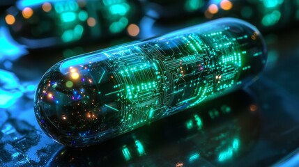 Bio-tech capsule innovation: High-resolution macro shot of capsules with intricate, visible internal circuits glowing in green and blue