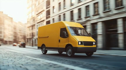 Fototapeta premium Delivery van drives through urban street in the late afternoon sunlight on a busy city day