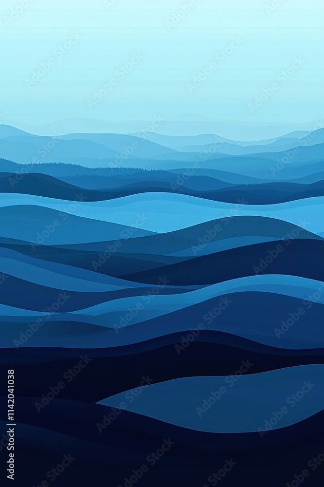 Poster a tranquil abstract landscape featuring layered blue waves, creating a serene and calming effect.
