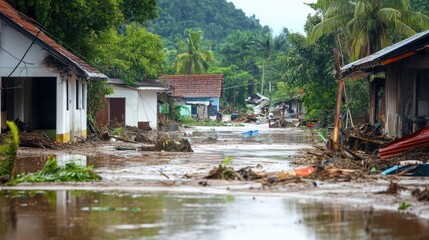 Fototapeta premium Flooded Village Street Houses Damaged By Storm
