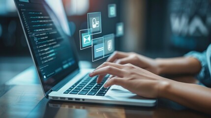 Paperless document management with online approval for efficient business workflows. Person using a laptop to manage approvals and streamline project processes.

