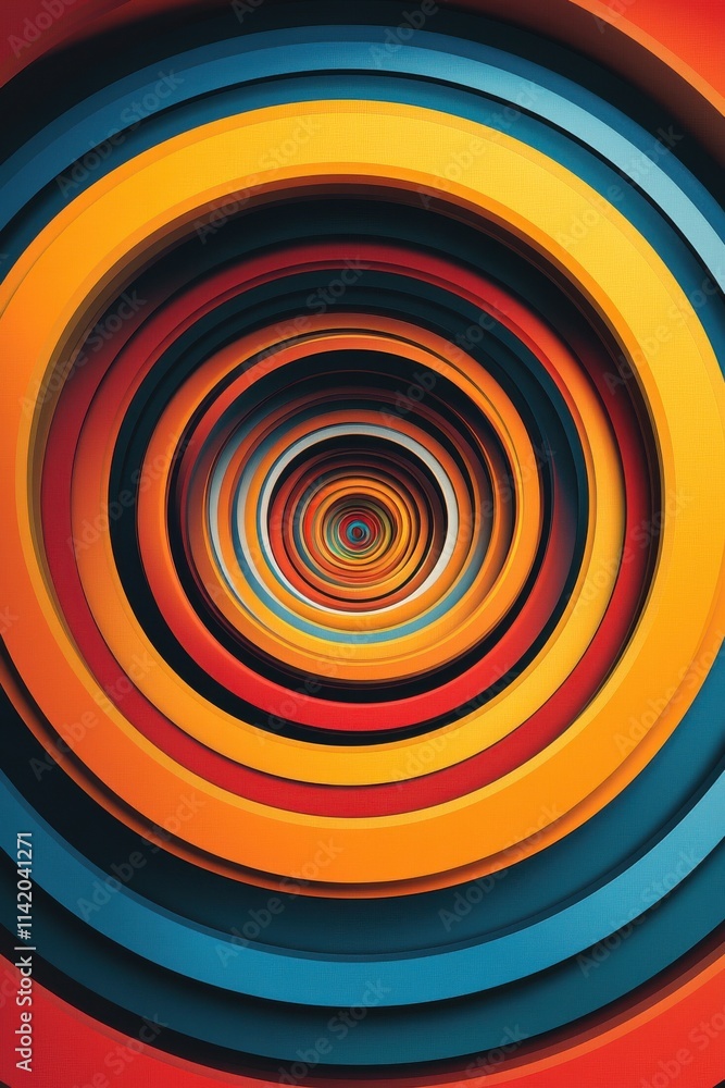 Poster vibrant circular patterns with warm oranges and cool blues creating a mesmerizing optical illusion.