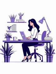 Focused woman working on a laptop in a serene office setting, surrounded by plants and organized books, reflecting a calm and efficient work environment.