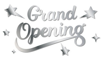 Grand opening silver metallic decorative lettering inscription. Vector graphics isolated on white background.