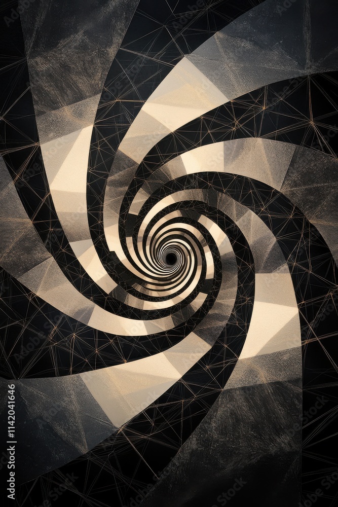 Poster an abstract spiral pattern in monochrome tones with intricate geometric shapes, creating a sense of 