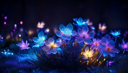 Luminous flowers blooming on a dark meadow