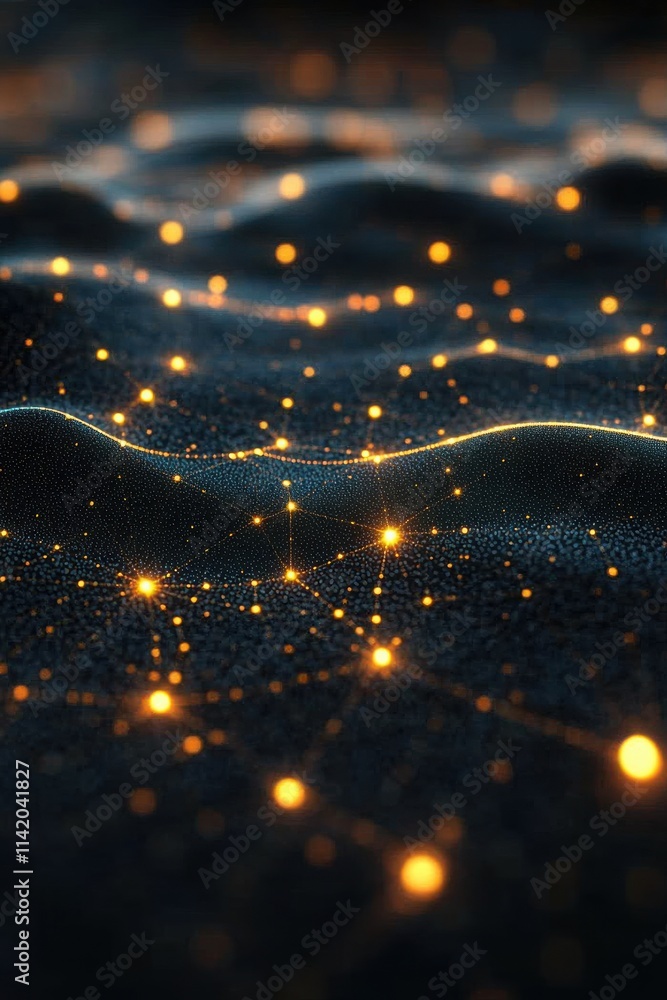 Poster a mesmerizing abstract depiction of glowing particles on a dark, textured surface, creating a sense 