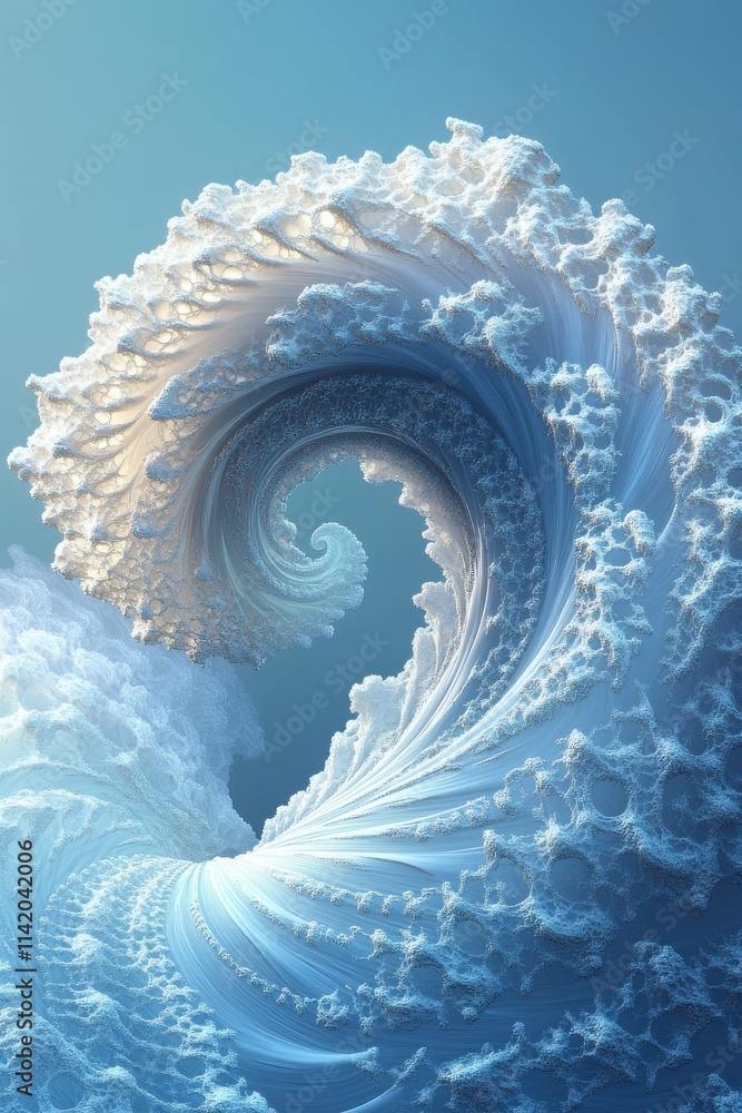 Poster a mesmerizing spiral wave of ethereal blue tones, showcasing intricate fractal patterns in a tranqui