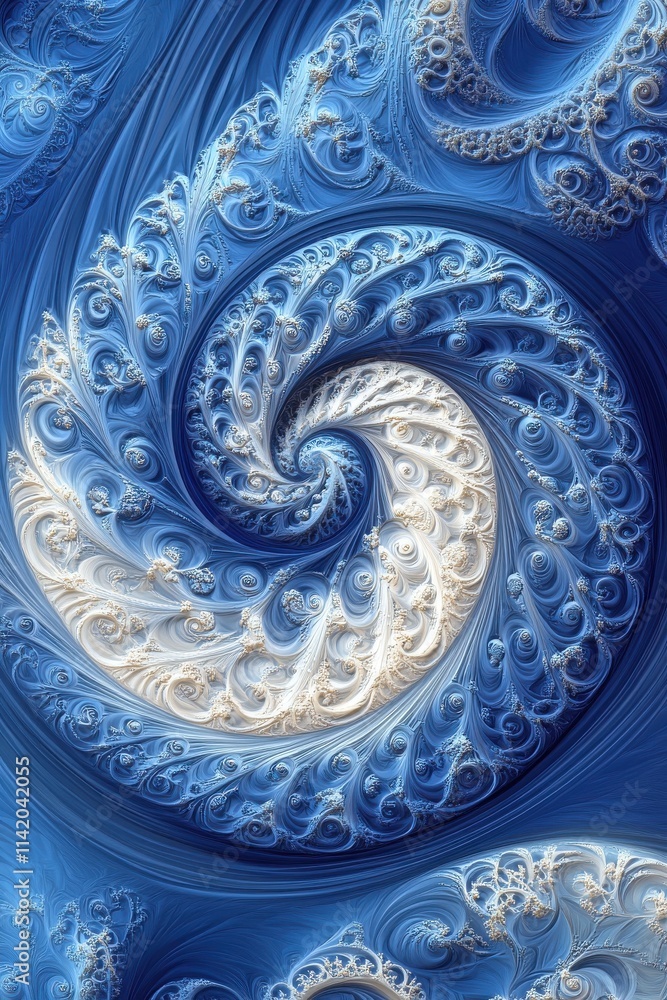 Aufkleber a mesmerizing blue and white fractal spiral pattern, showcasing intricate loops and swirls in a harm