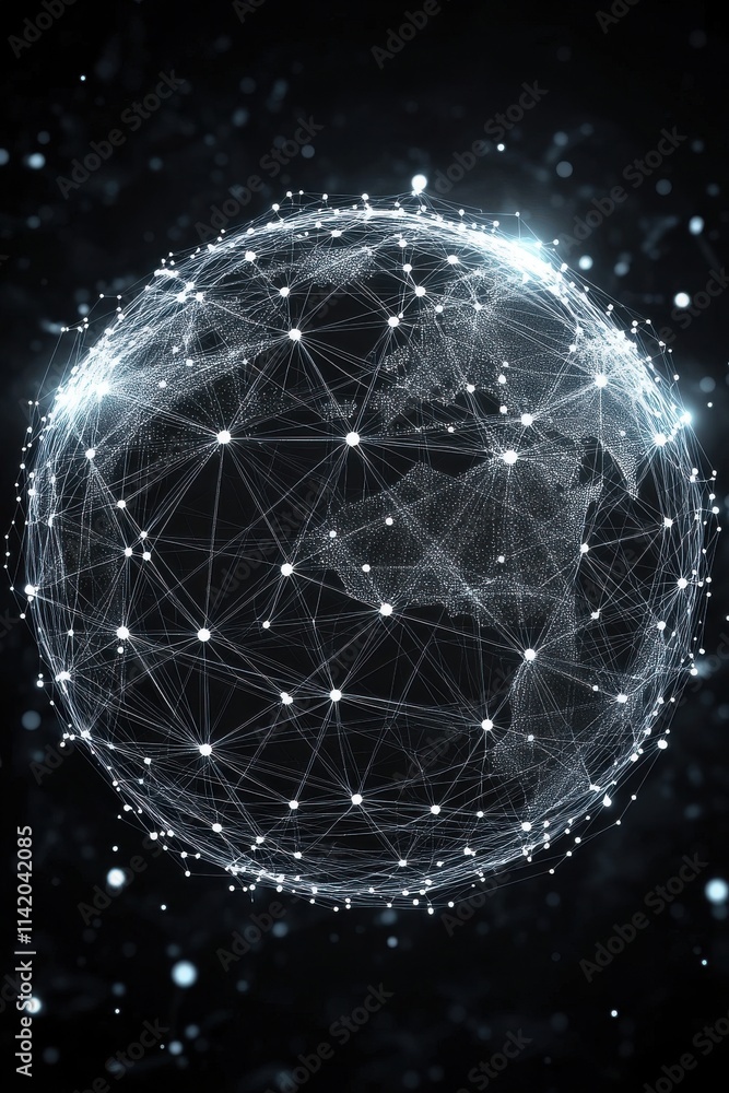 Poster abstract digital globe representing global connectivity with lines and nodes on a dark background.