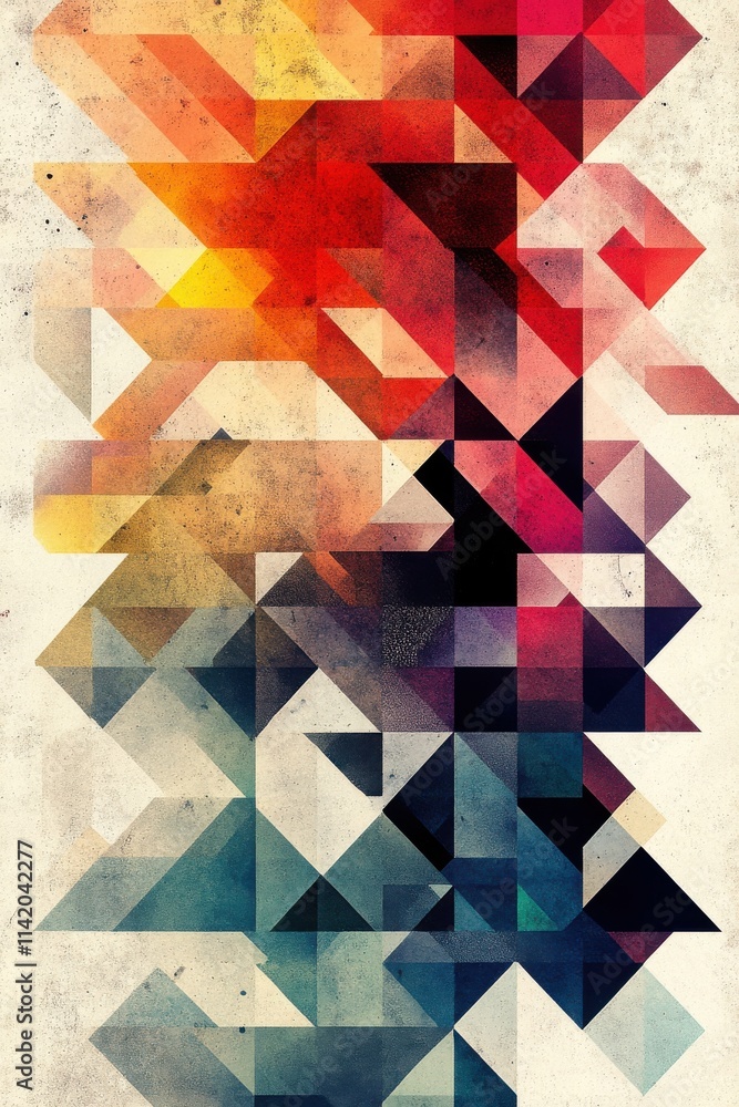 Poster colorful abstract geometric design featuring a blend of triangles in vibrant hues, creating a dynami
