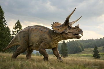 Fototapeta premium A Triceratops walks through a prehistoric forest, showcasing its iconic three horns and frill against a backdrop of lush greenery and mountains.