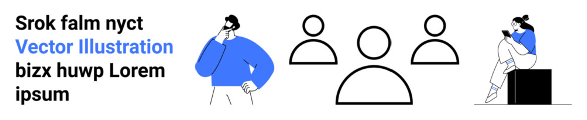 Business professional thinking, abstract group icons, professional reading on block. Ideal for business strategy, team collaboration, communication, planning, education information sharing. Landing