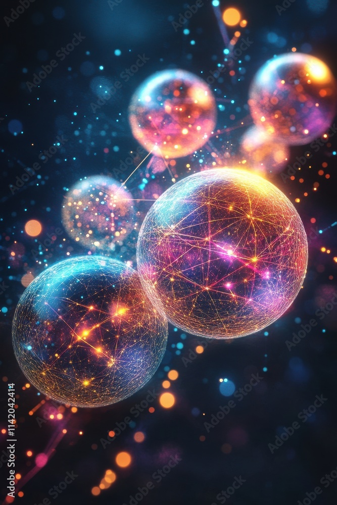 Poster abstract glowing spheres connected by luminous lines, creating a cosmic and futuristic atmosphere.