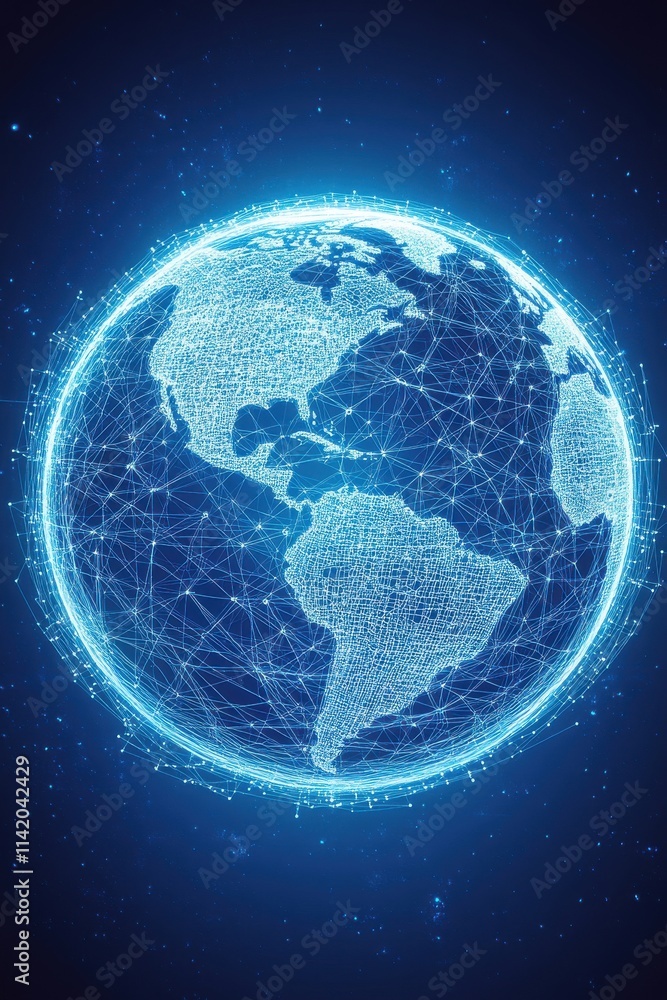 Poster a digitally rendered glowing blue globe surrounded by interconnected lines representing global conne