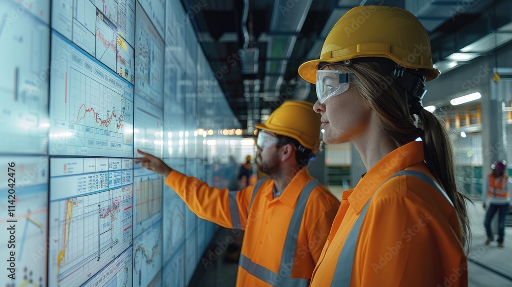 Poster a group of construction professionals gathered around a large screen displaying key performance metr